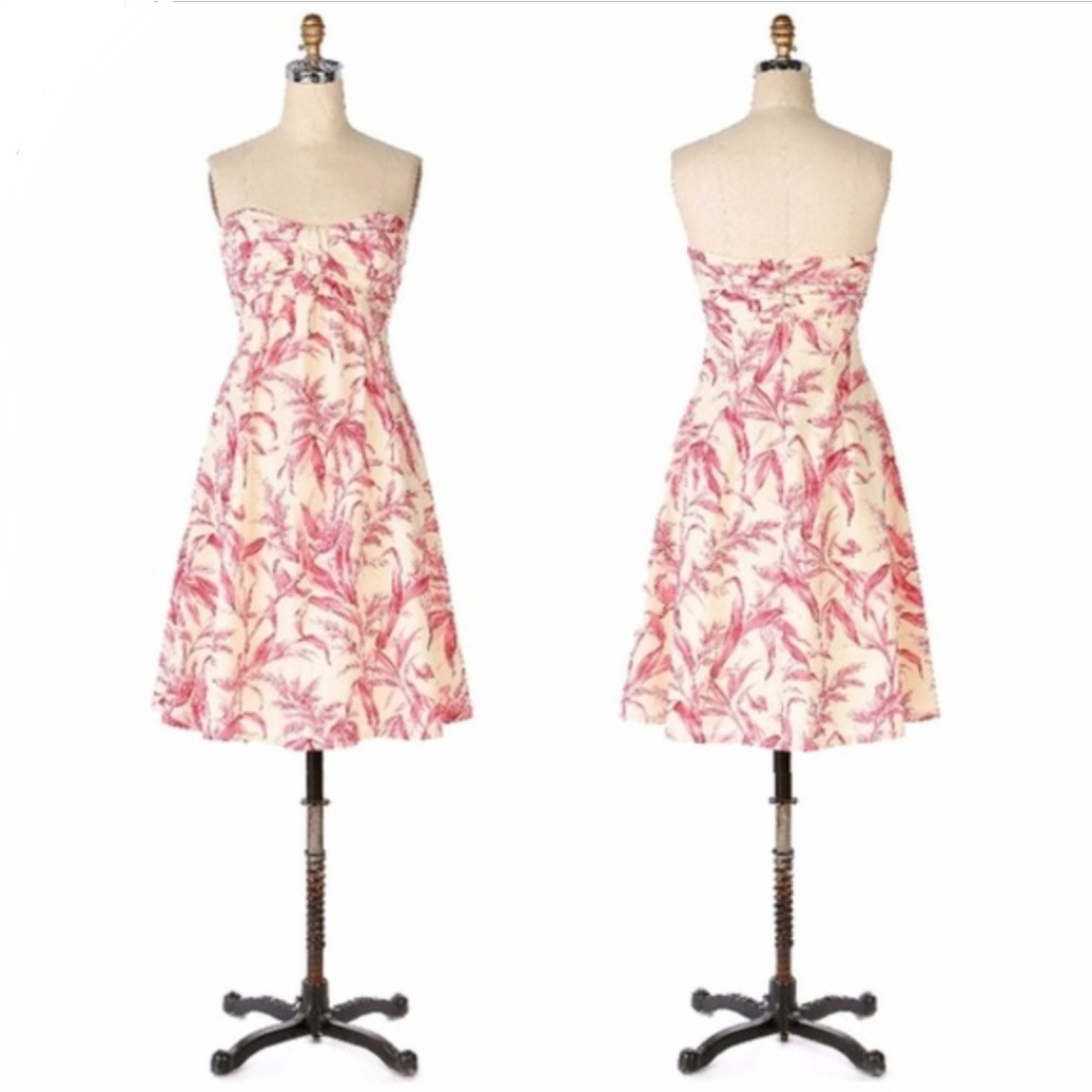 Anthro Tabitha Strapless Bird Toile Dress